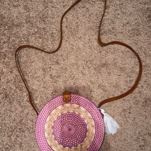 Pink and Tan Woven Crossbody Bag